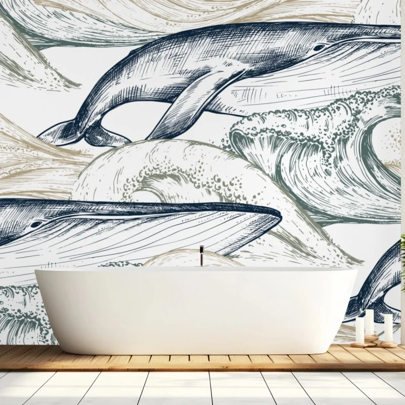 Fotomural patrón de ballenas y olas en estilo grabado