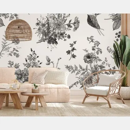 Fotomural motivo floral otoñal en blanco y negro – Pixers®