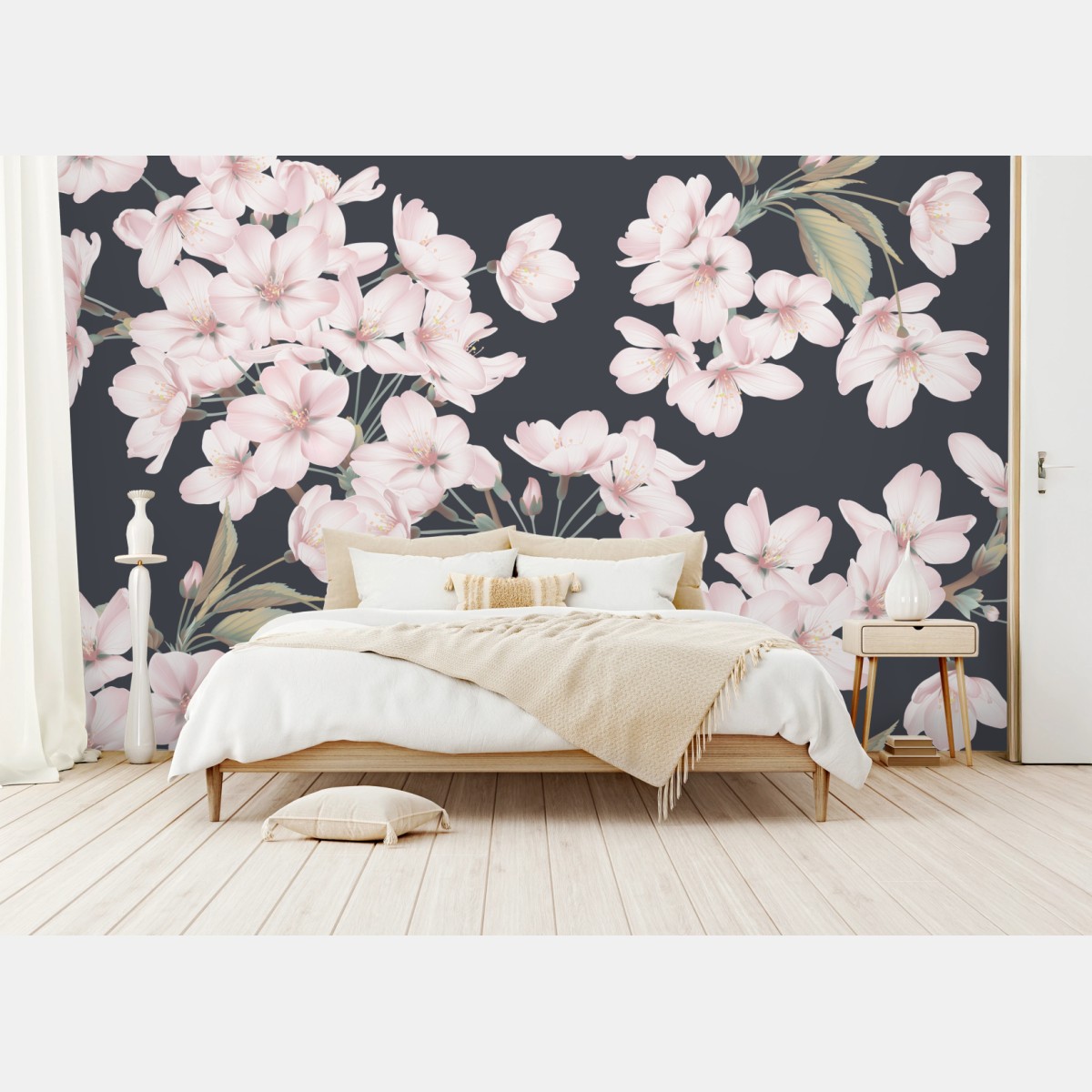 Fotomural flores de cerezo sobre fondo gris oscuro – Pixers®