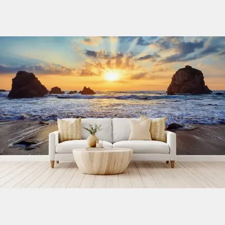 Fotomural atardecer dorado en la costa rocosa – Pixers®