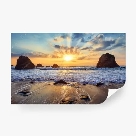Fotomural atardecer dorado en la costa rocosa – Pixers®