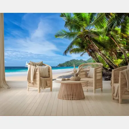 Fotomural vista tropical de playa con palmeras y velero – Pixers®