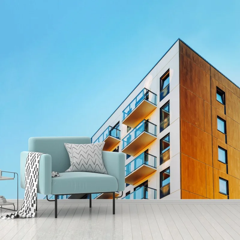 Fotomural fachada contemporánea con balcones y cielo azul