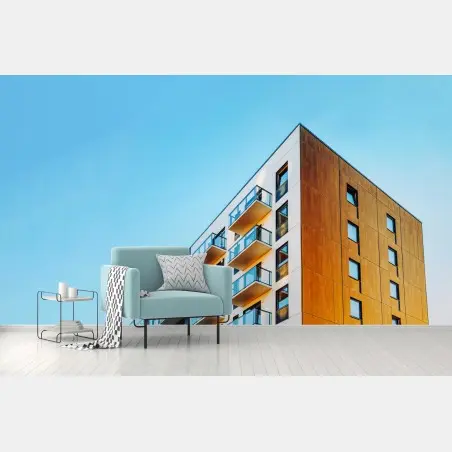 Fotomural fachada contemporánea con balcones y cielo azul – Pixers®