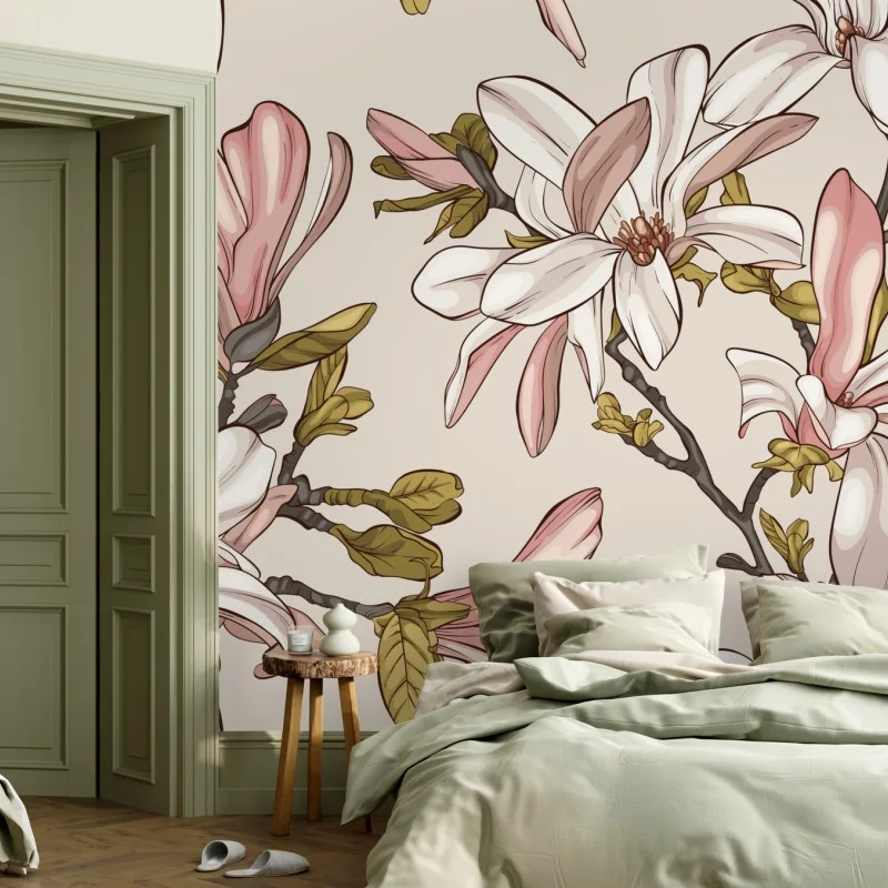 Fotomural ilustración de magnolias en tonos suaves