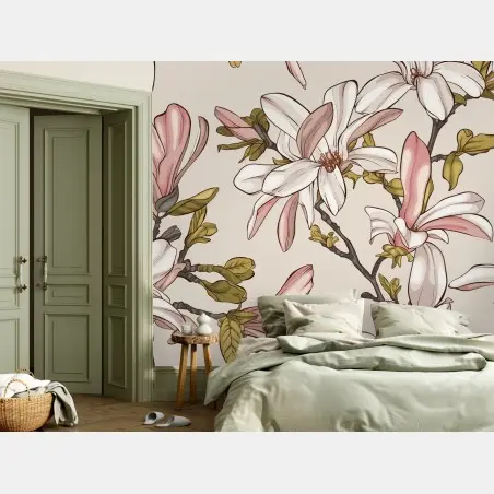 Fotomural ilustración de magnolias en tonos suaves – Pixers®