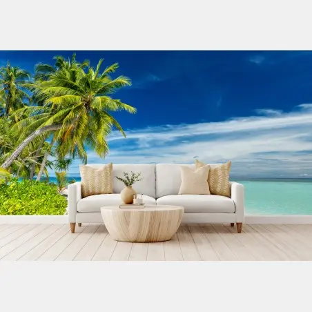 Fotomural playa tropical de palmeras y mar turquesa – Pixers®