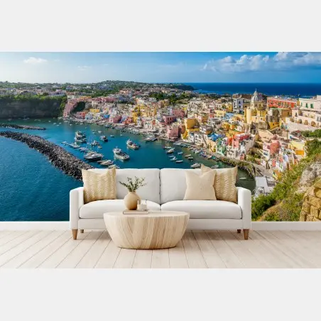 Fotomural panorámica de pueblo costero y puerto colorido – Pixers®