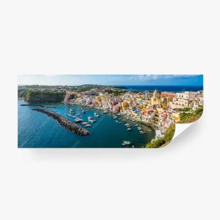 Fotomural panorámica de pueblo costero y puerto colorido – Pixers®