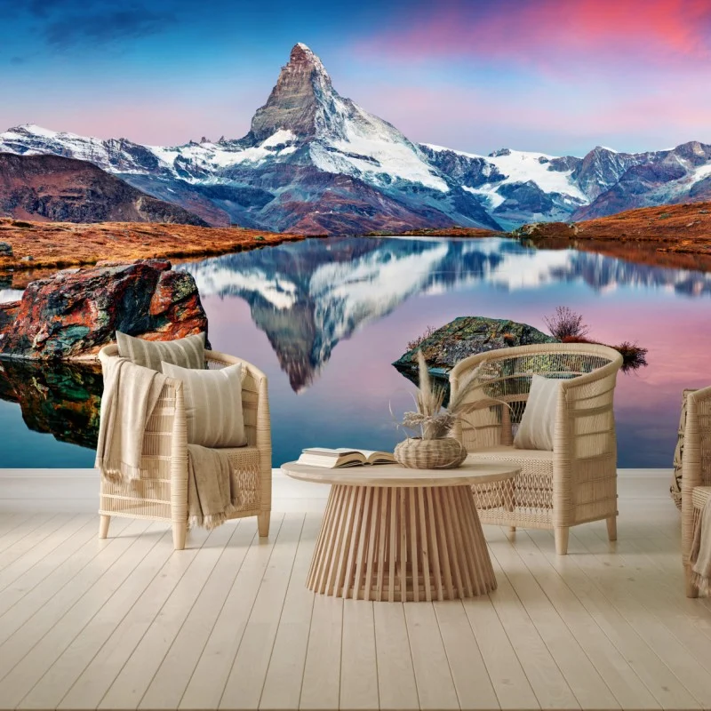 Fotomural reflejo del Matterhorn en Stellisee al amanecer
