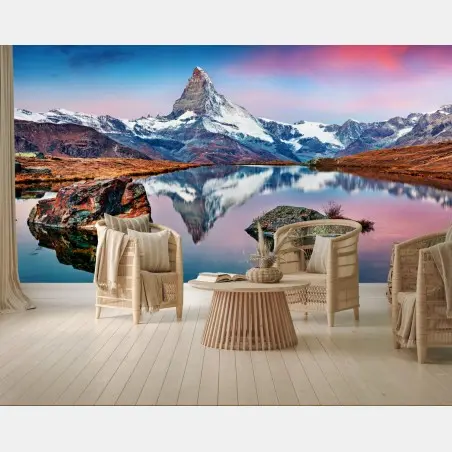 Fotomural reflejo del Matterhorn en Stellisee al amanecer – Pixers®