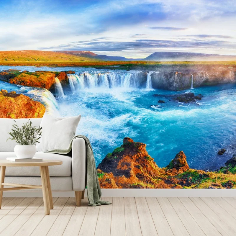 Fotomural amanecer en Godafoss: cascada mística de Islandia