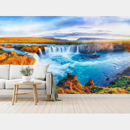 Fotomural amanecer en Godafoss: cascada mística de Islandia – Pixers®