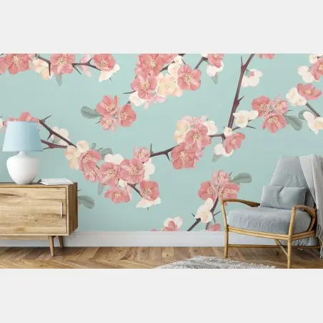 Fotomural diseño floral de flores de cerezo sobre fondo verde menta – Pixers®