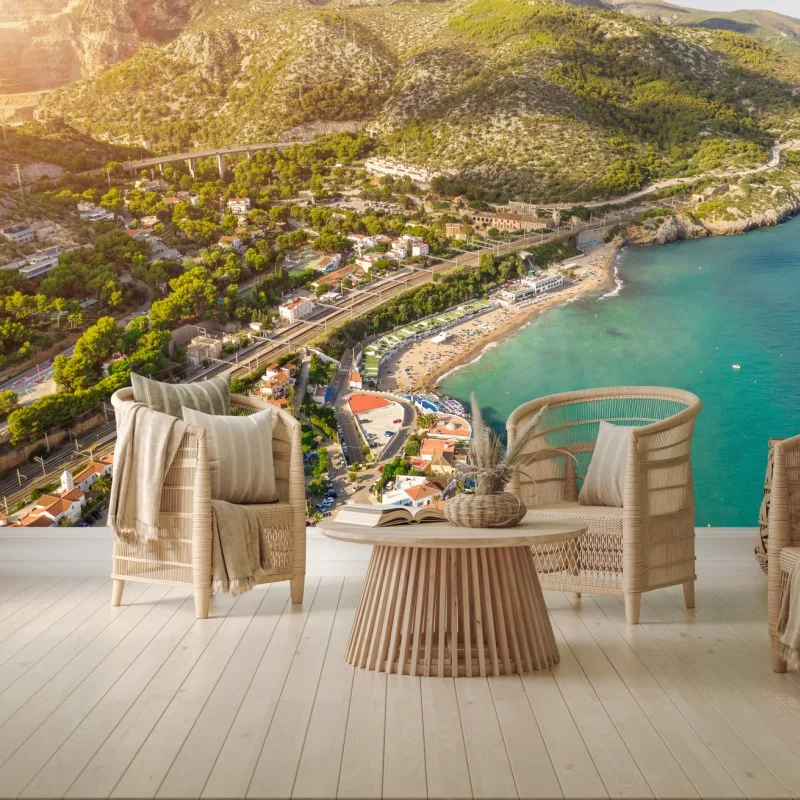 Fotomural panorámica aérea de pueblo costero y aguas turquesa