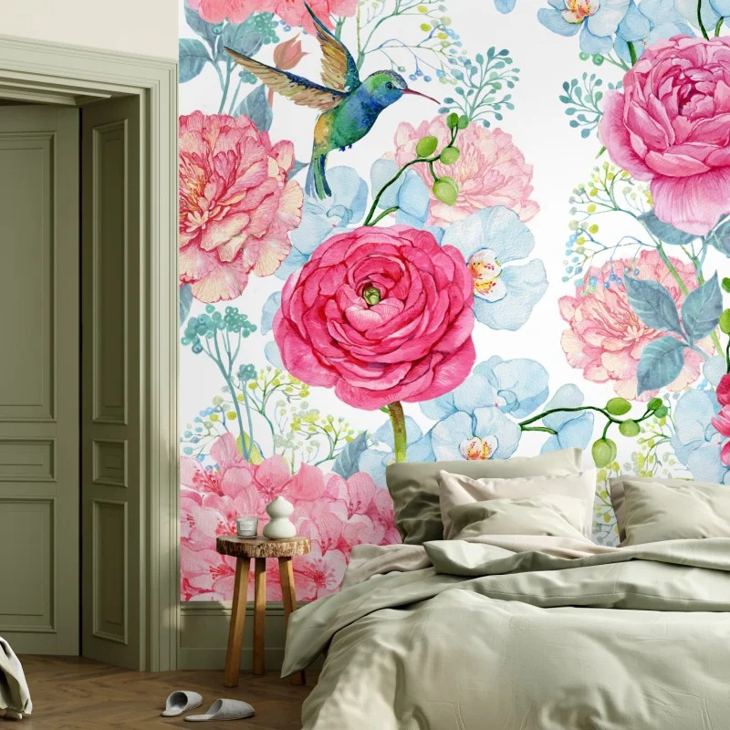 Fotomural mural floral en acuarela con colibrí