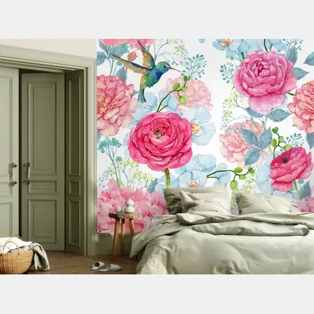 Fotomural mural floral en acuarela con colibrí – Pixers®