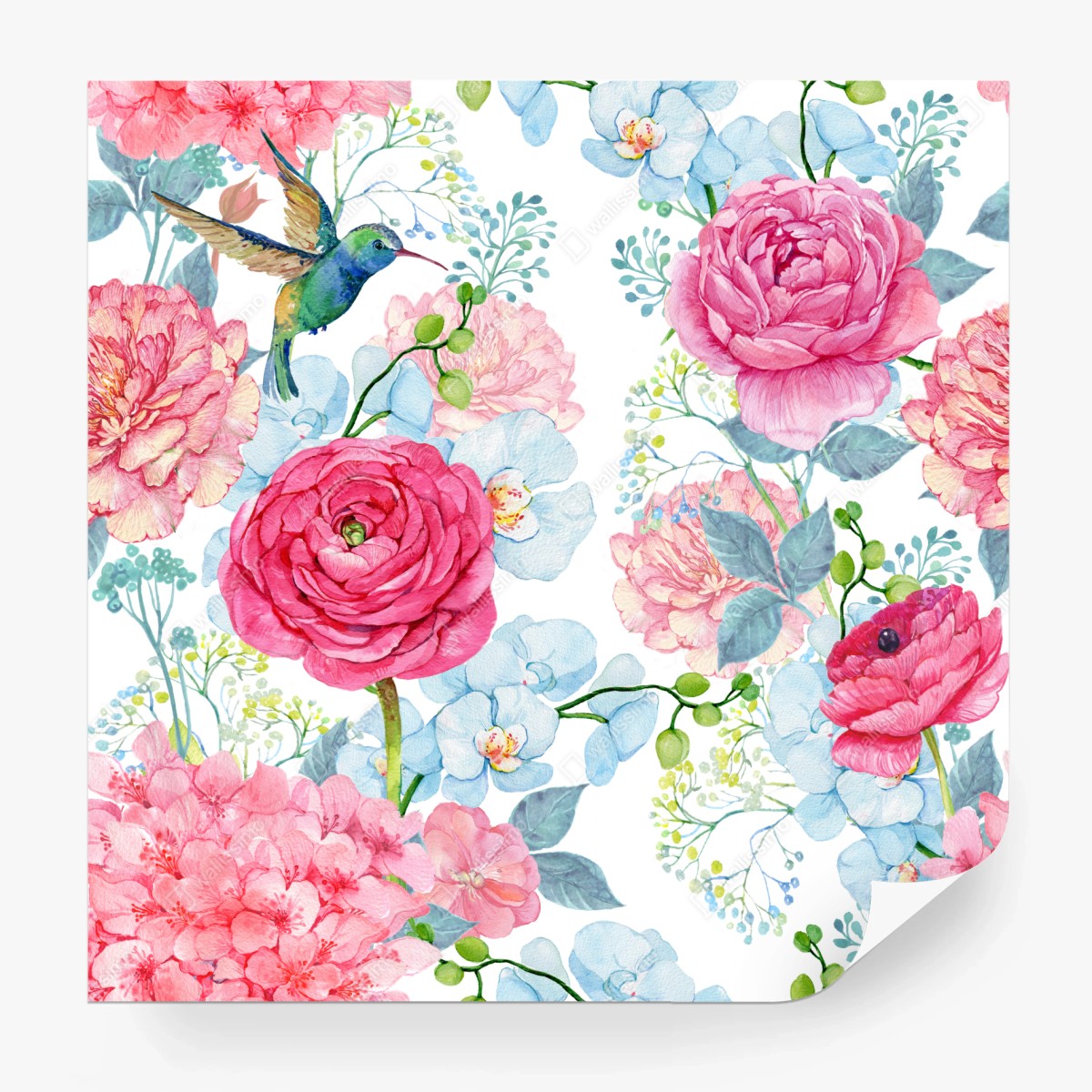 Fotomural mural floral en acuarela con colibrí – Pixers®