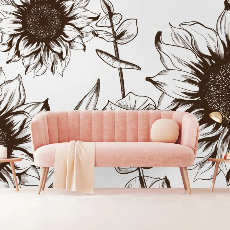 Fotomural girasoles ilustrados en tinta estilo vintage