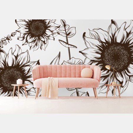 Fotomural girasoles ilustrados en tinta estilo vintage – Pixers®