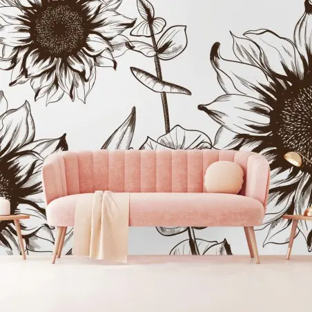 Fotomural girasoles ilustrados en tinta estilo vintage