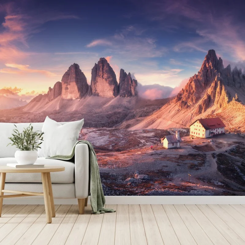 Fotomural amanecer en las Dolomitas con picos imponentes