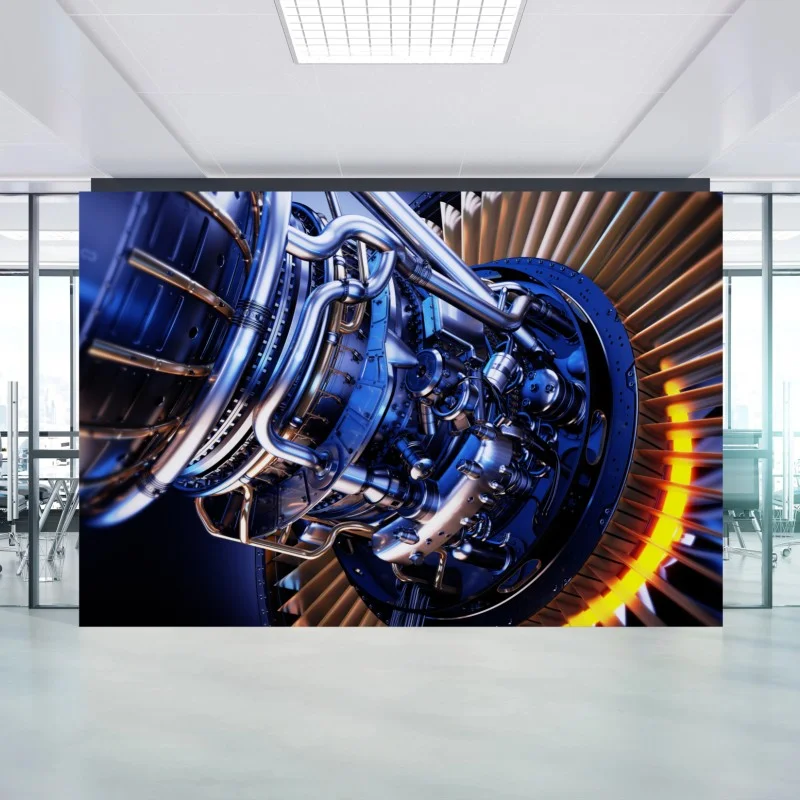 Fotomural detalle de turbina aeronáutica en azul metálico