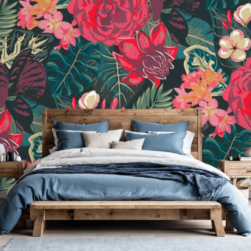 Fotomural estampado floral tropical en tonos rojos