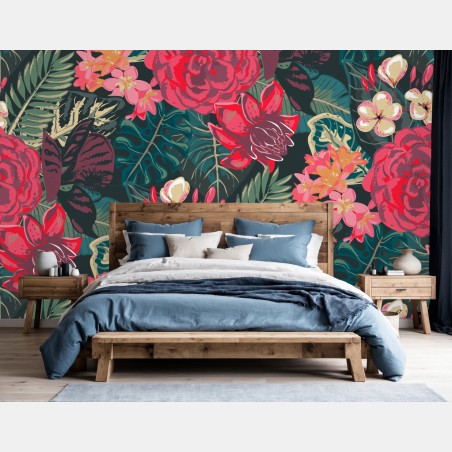 Fotomural estampado floral tropical en tonos rojos – Pixers®