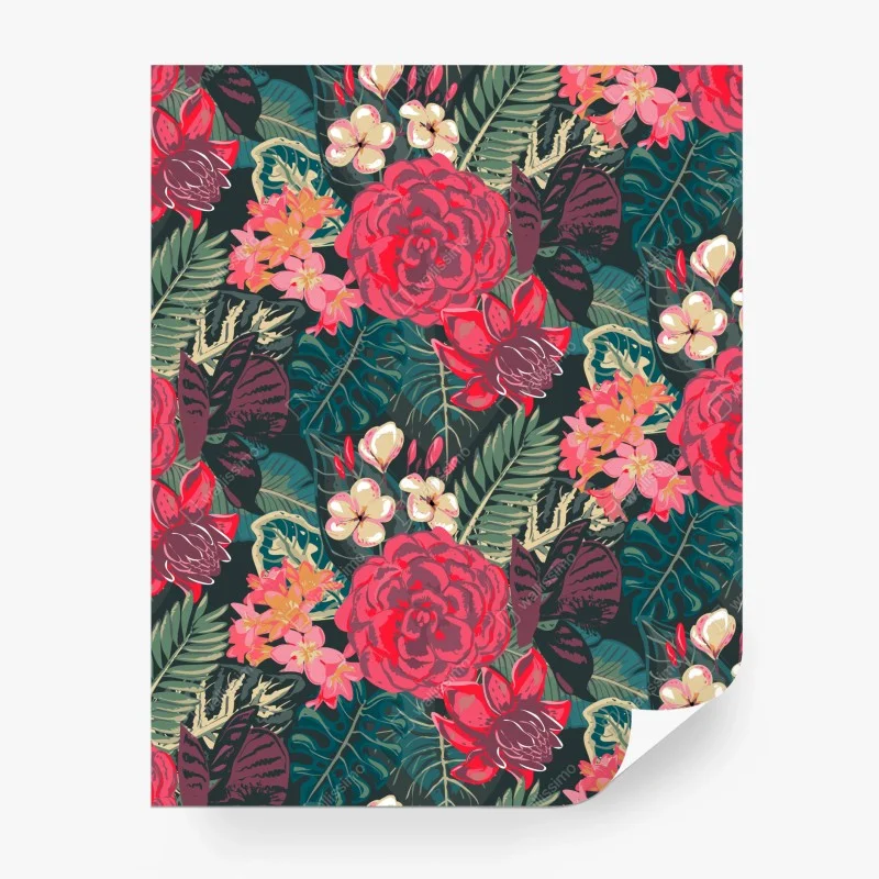 Fotomural estampado floral tropical en tonos rojos