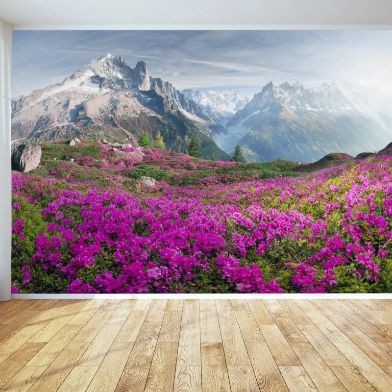 Fotomural pradera alpina en flor junto a Mont Blanc