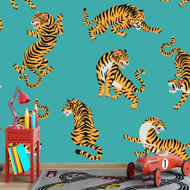 Fotomural motivo de tigres sobre fondo turquesa