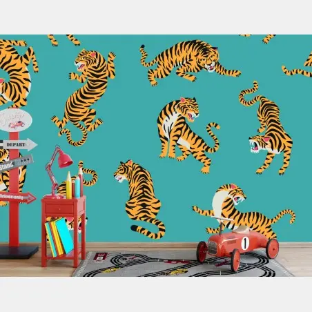 Fotomural motivo de tigres sobre fondo turquesa – Pixers®
