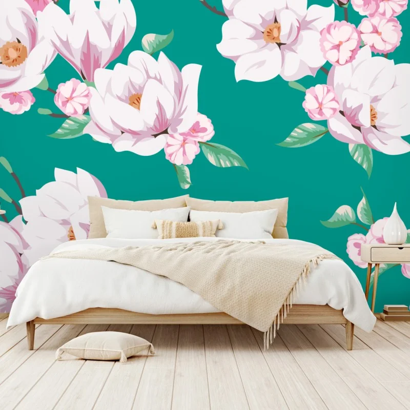 Fotomural estampado de magnolias blancas sobre fondo verde azulado