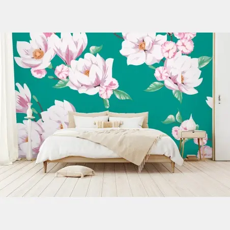 Fotomural estampado de magnolias blancas sobre fondo verde azulado – Pixers®