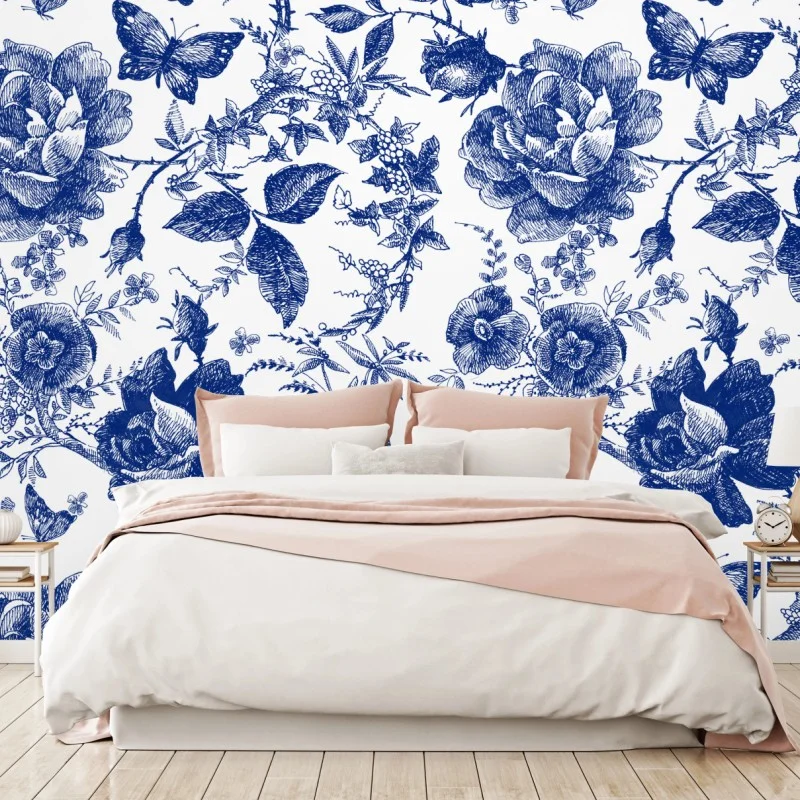 Fotomural estampado floral azul estilo vintage
