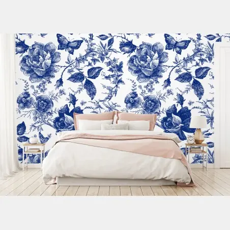 Fotomural estampado floral azul estilo vintage – Pixers®