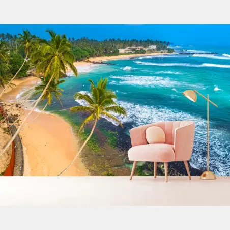 Fotomural paisaje tropical de playa con palmeras y olas – Pixers®