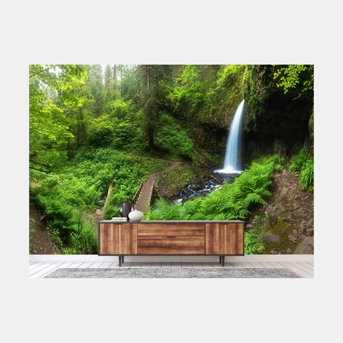 Fotomural bosque verde con cascada y sendero – Pixers® Fotomural bosque verde con cascada y sendero – Pixers®