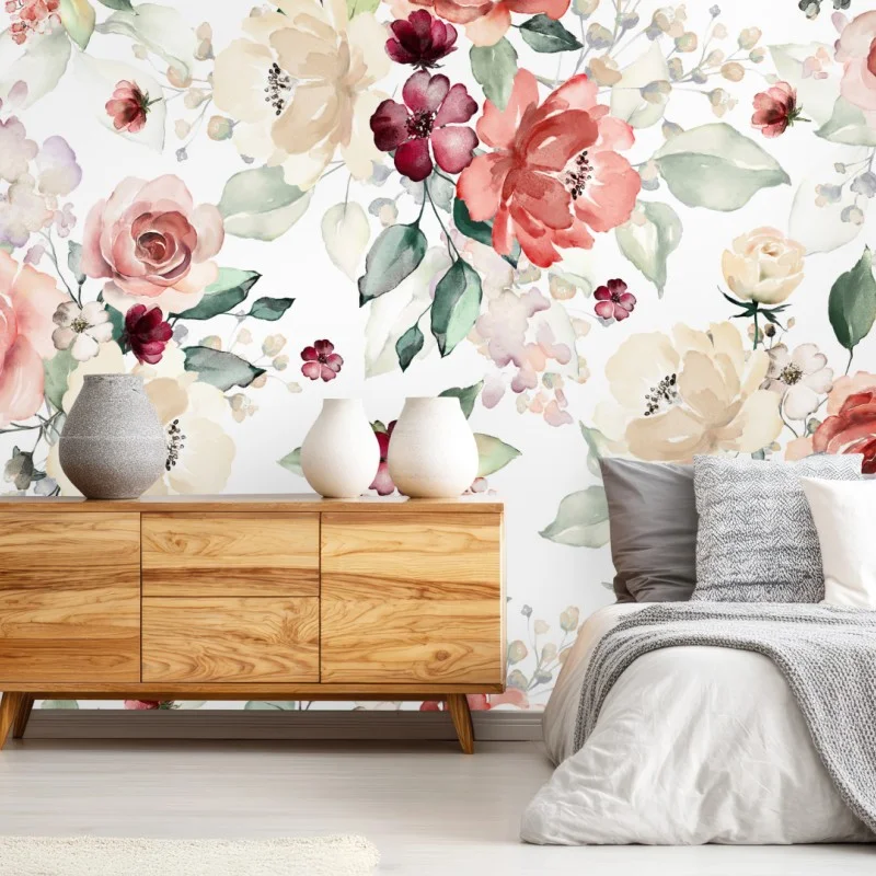 Fotomural estampado floral en acuarela con rosas y hojas
