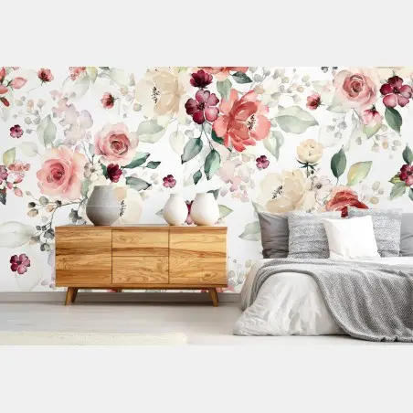 Fotomural estampado floral en acuarela con rosas y hojas – Pixers®