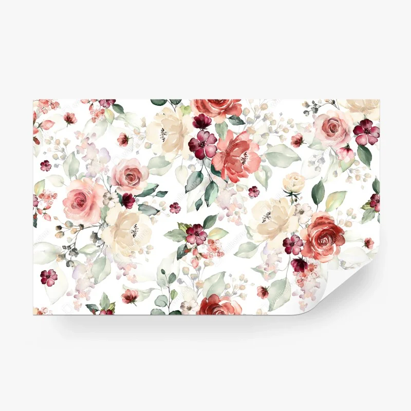 Fotomural estampado floral en acuarela con rosas y hojas