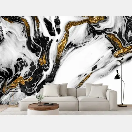Fotomural flujo dorado sobre mármol en blanco y negro – Pixers®