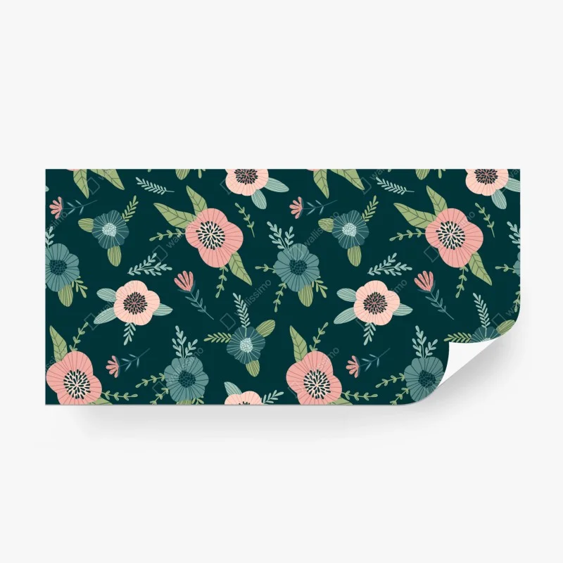 Fotomural patrón floral vintage en tonos esmeralda y rosa