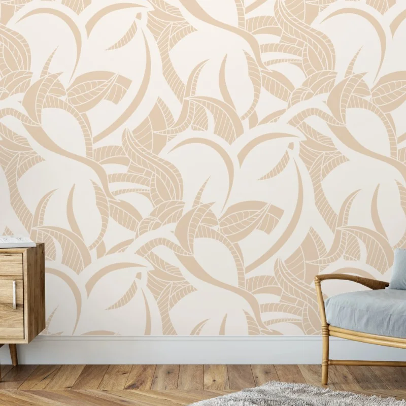 Fotomural estampado botánico beige de hojas entrelazadas