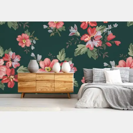 Fotomural patrón floral vintage en tonos rosa y rojo sobre fondo verde oscuro – Pixers®