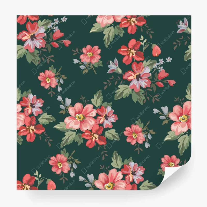 Fotomural patrón floral vintage en tonos rosa y rojo sobre fondo verde oscuro