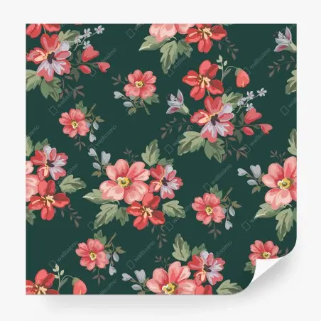 Fotomural patrón floral vintage en tonos rosa y rojo sobre fondo verde oscuro – Pixers®