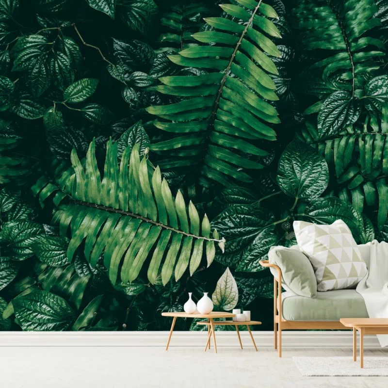 Fotomural mosaico de hojas tropicales en tonos oscuros