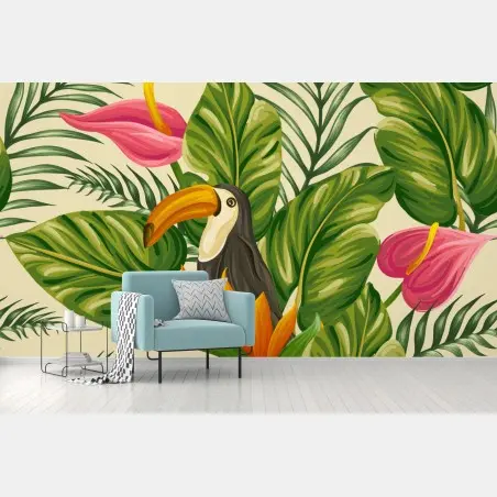 Fotomural estampado tropical con tucán y hojas exuberantes – Pixers®